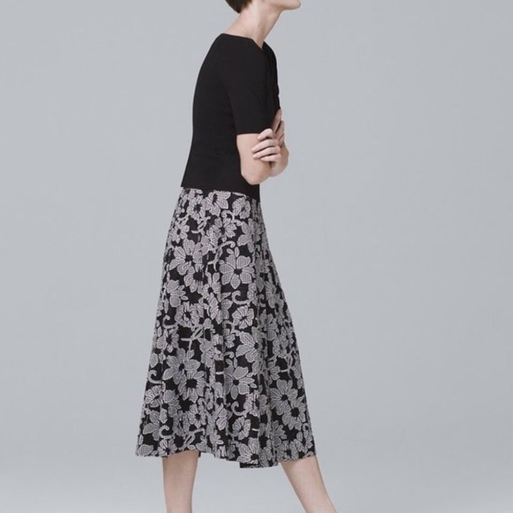 WHBM Black and White Gingham-Floral Full Midi Skirt, 00